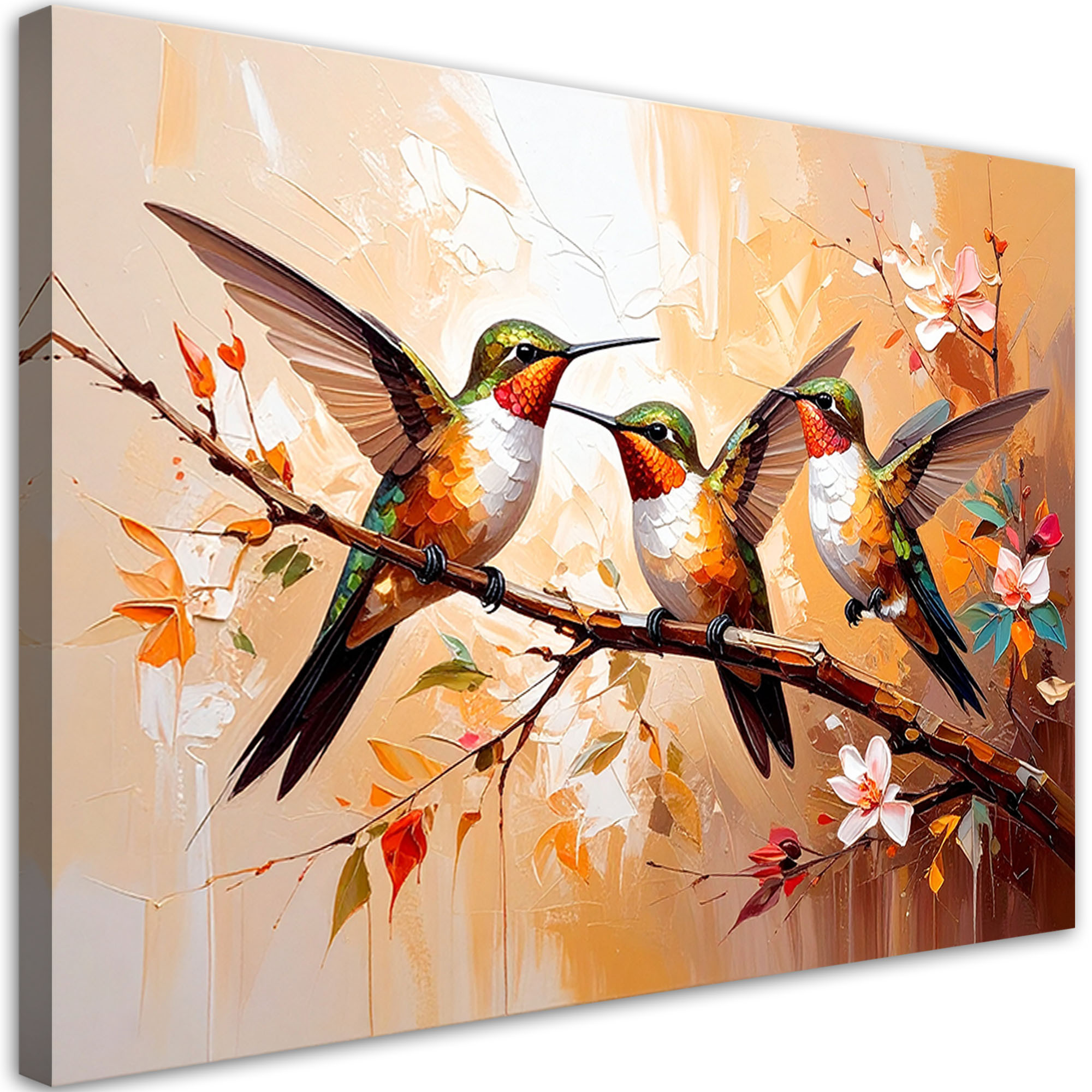 Obraz nowoczesny, Kolorowe Kolibry Ptaki na beżowym tle 30x20