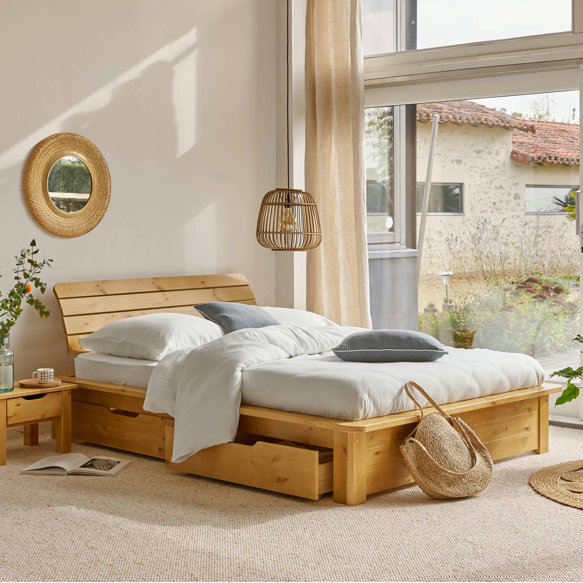 TANIA - Lit rangement en bois massif avec 2 tiroirs 140 x 190 cm