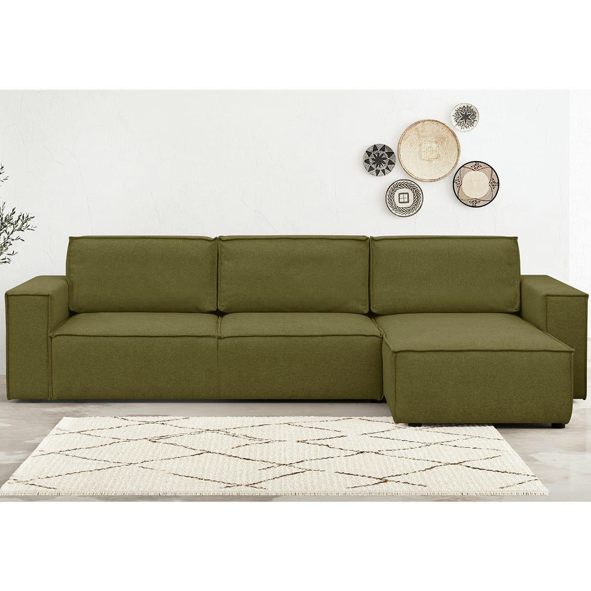 HARPER NEW - Canapé d'angle 5 places convertible + coffre, tissu vert olive