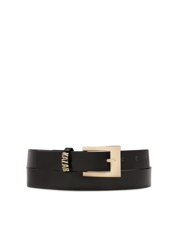 Narrow patent belt with gold logo