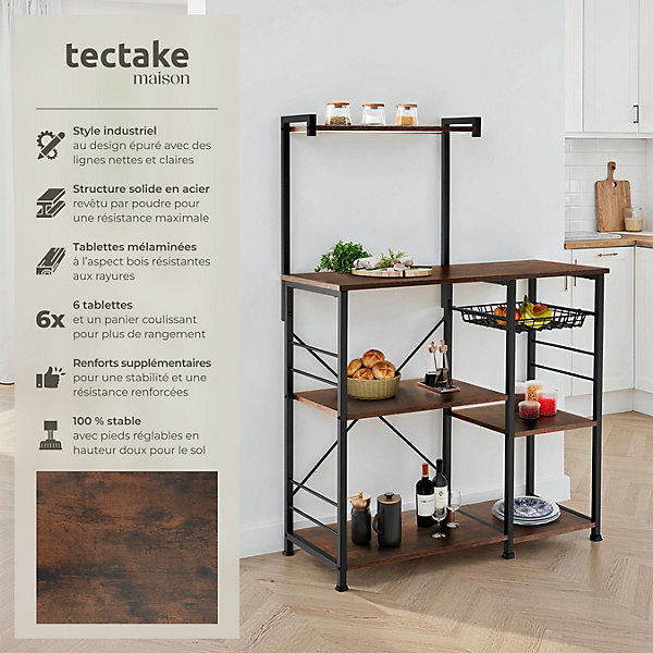 6 étagères de cuisine style industriel et panier coulissant Bois foncé