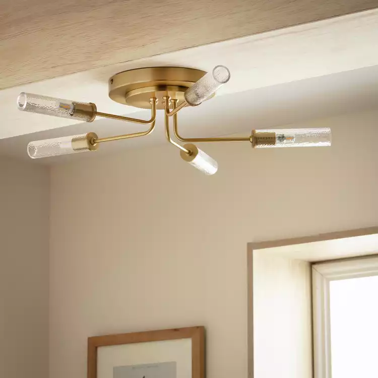 Habitat Hammered Glass 5Light Semi Flush Ceiling Light-Brass