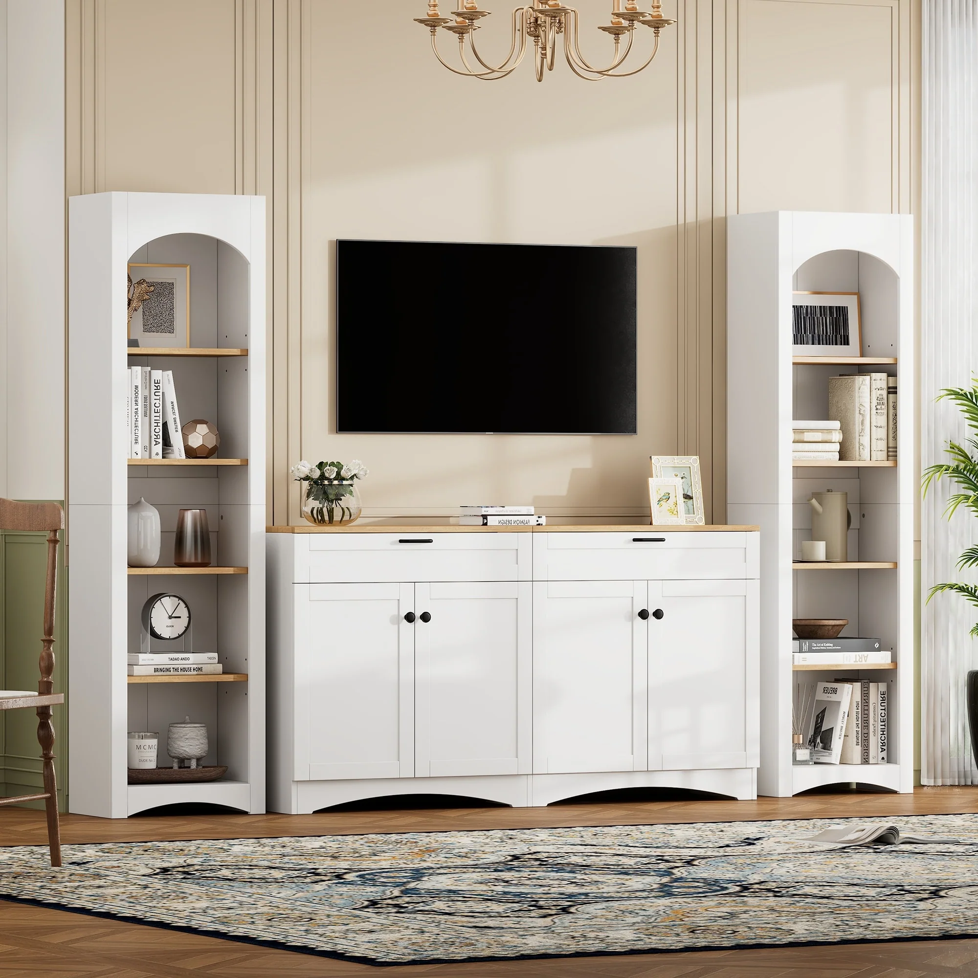 70-Inch Farmhouse Entertainment Center with Storage Cabinets, Bookshelf, and Adjustable Shelves for Living Rooms