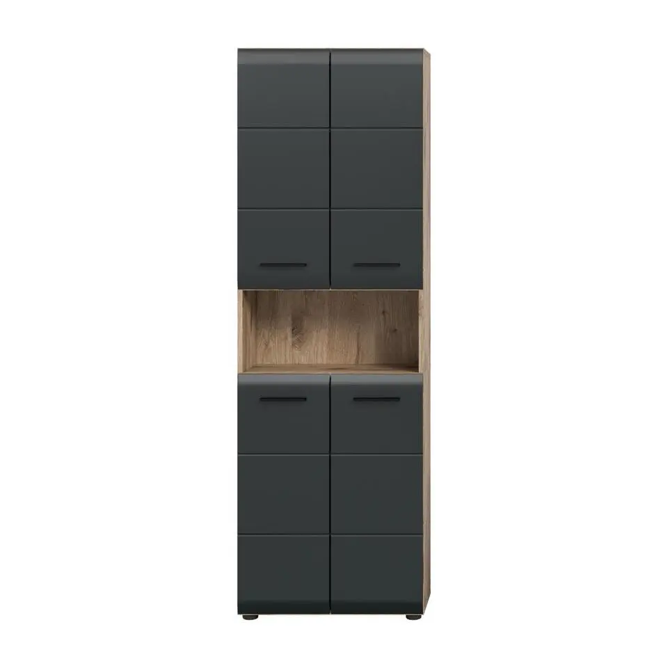 Hioshop Ice kolomkast 4 deuren- 1 plank zwart mat- eiken decor