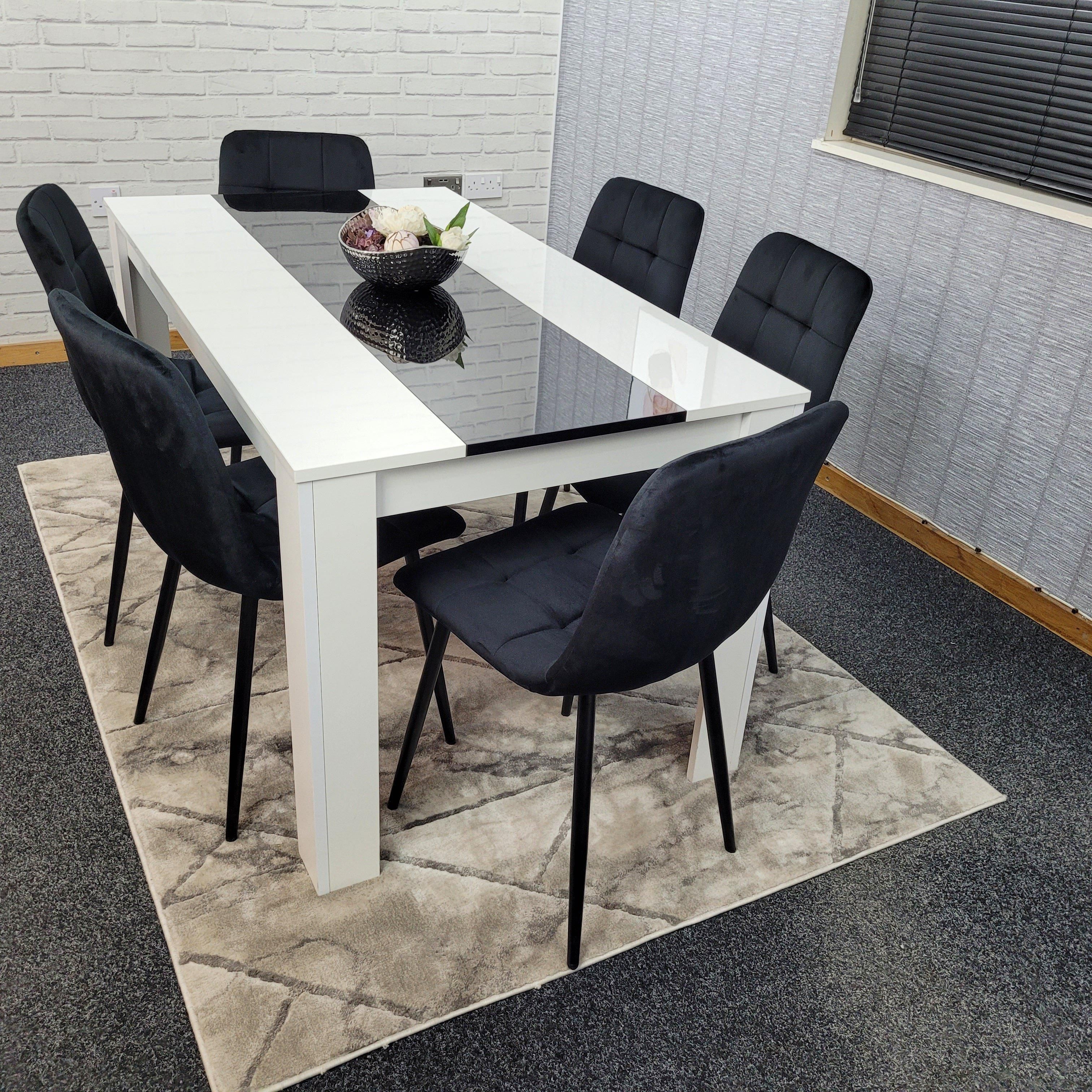 KOSY KOALA Modern White And Black Dining Table Set With 6 Black Velvet Chairs Dining Room Furniture