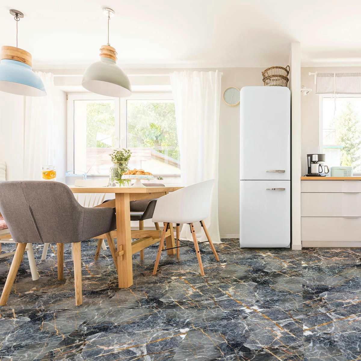 - Adhésifs stickers sol marbre gris et lignes dorées 20x20cm