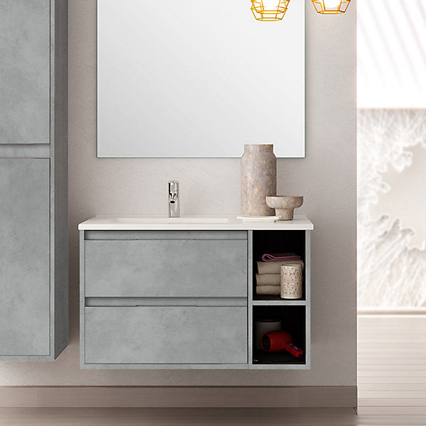 Meuble de salle de bain vasque déportée 2 tiroirs OLYMPE et miroir Led VELDI - ciment (gris) - 80cm