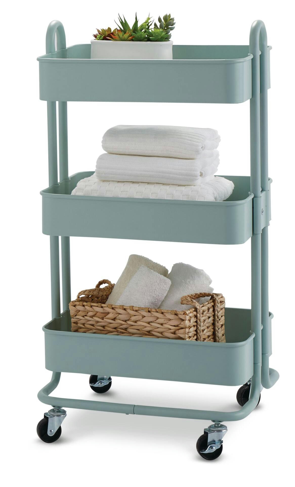 type A Momentum Steel 3-Tier Utility Cart with 4 Wheels, Eucalyptus