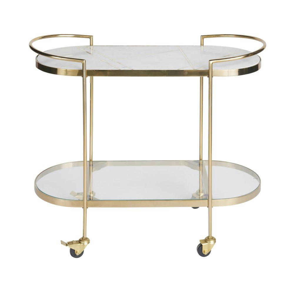 - Desserte en métal doré, marbre blanc et verre
