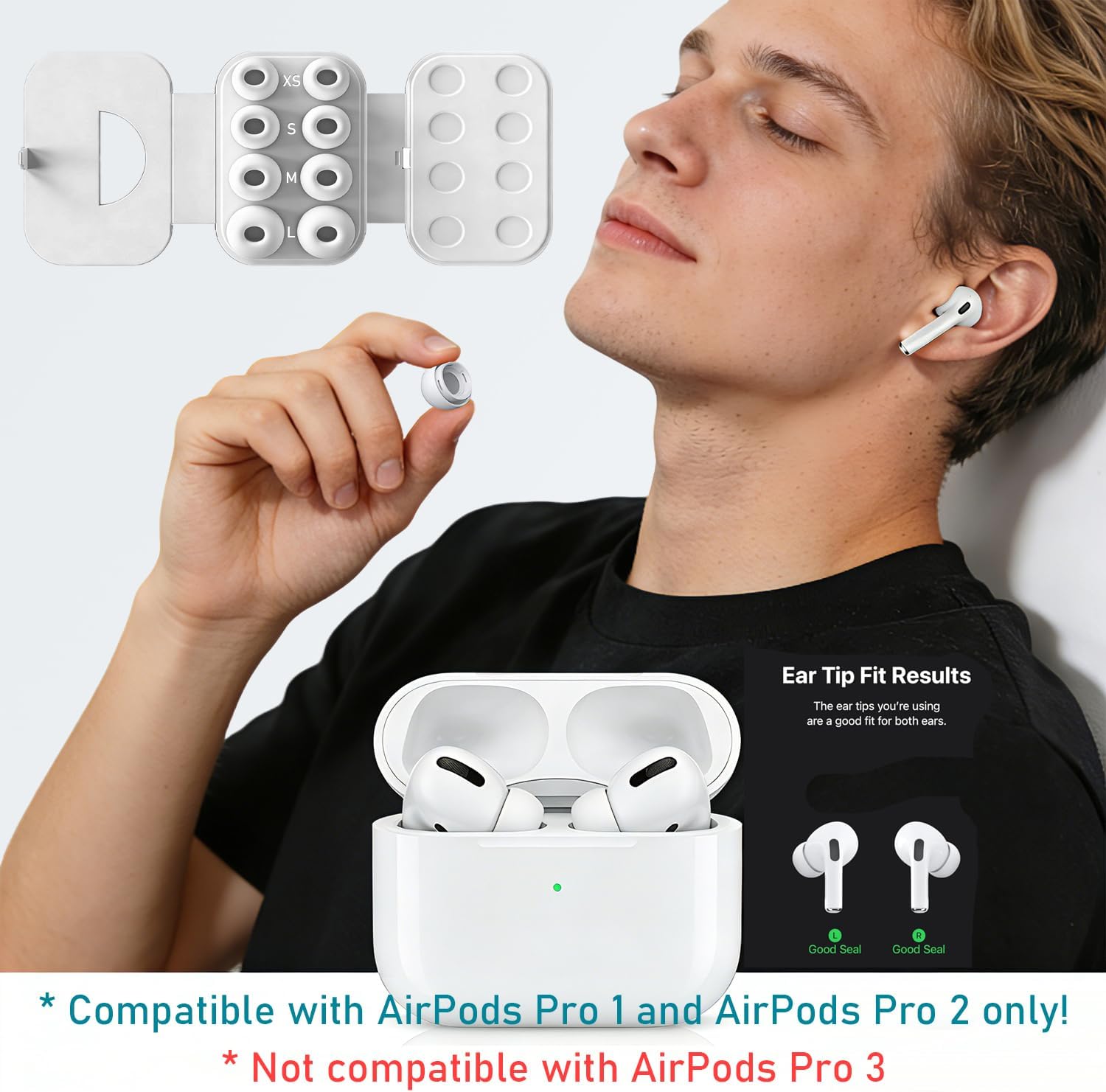 SIXFU 4 Sizes of Ear Tip Replacement Compatible with AirPod Pro and AirPods Pro 2 Ear Tips with Portable Storage Box & Cleaning Kit, Noise Reduction Hole & Dense Dust Guard Screen(XS/S/M/L)-White