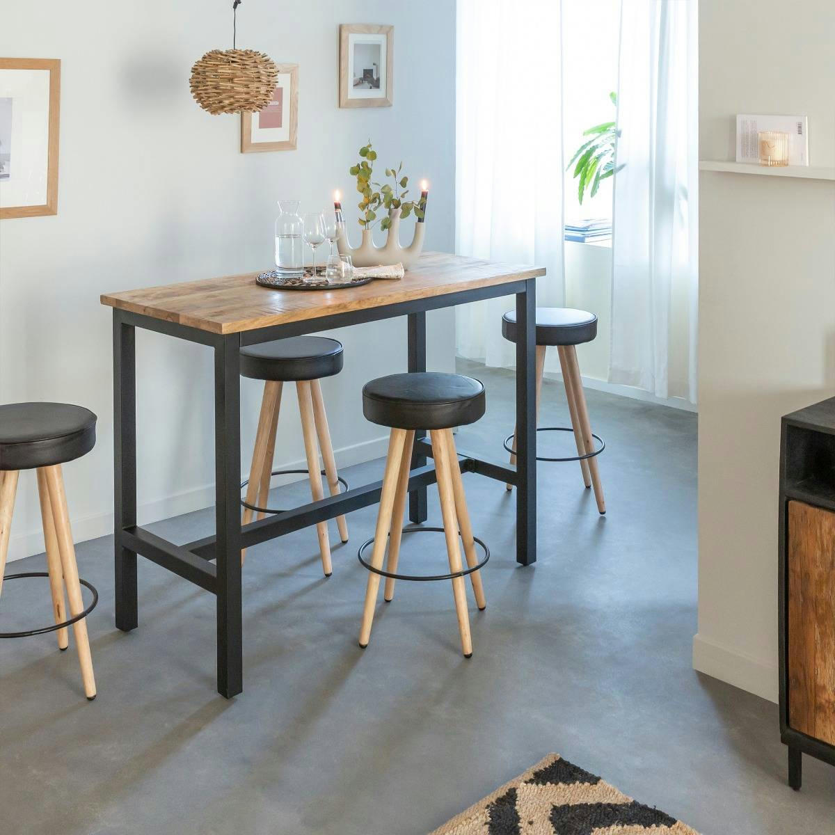 MIM - Tabouret de bar en cuir et croûte de cuir noir 30 cm