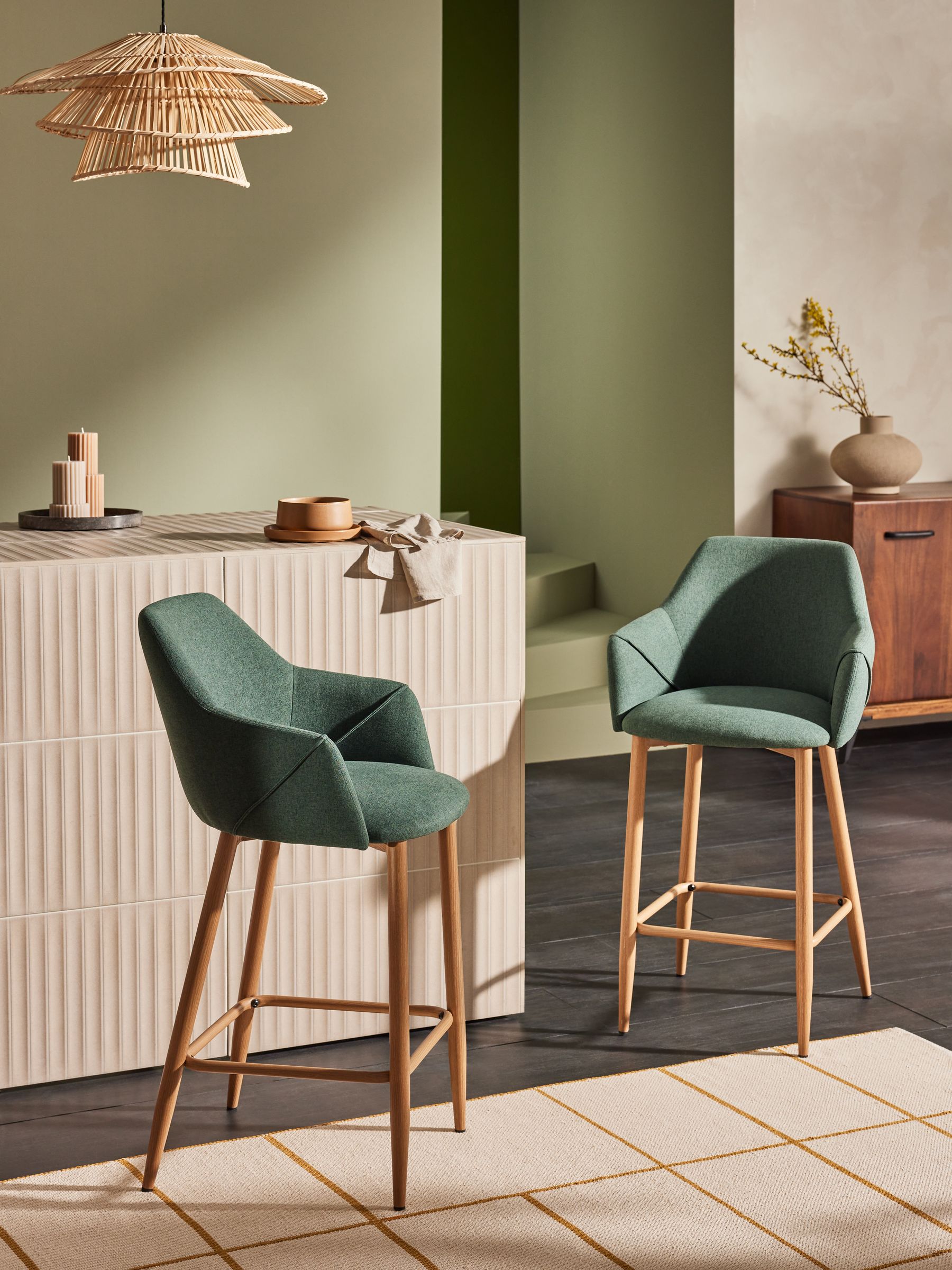 Lule Bar Stool in Bay Green and Oak Effect Legs