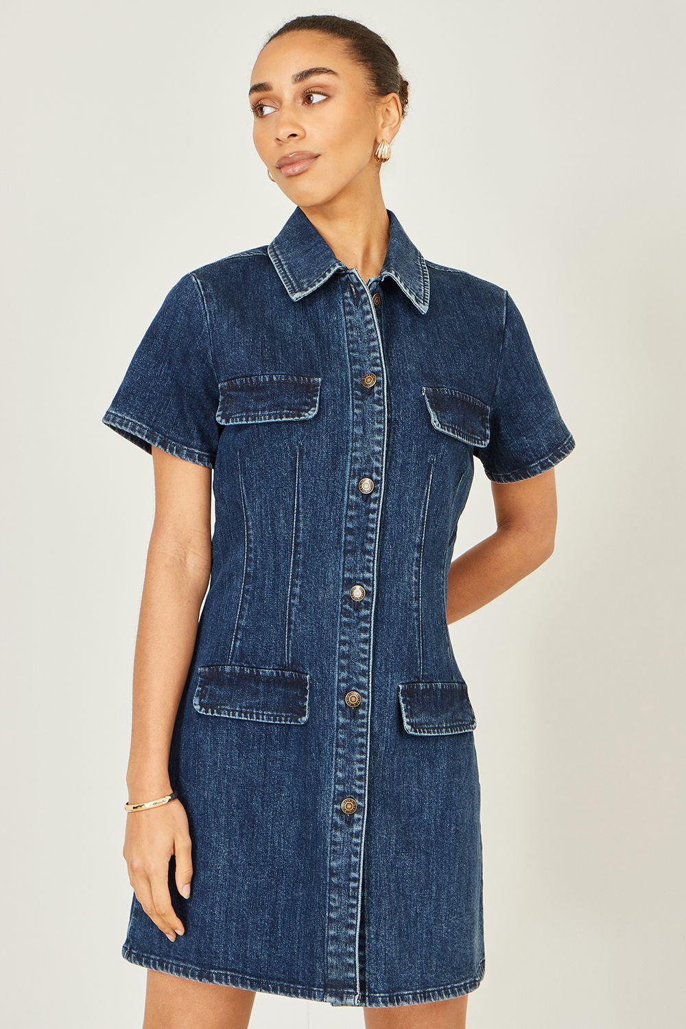 Yumi Blue Stretch Denim Panel Fitted Dress