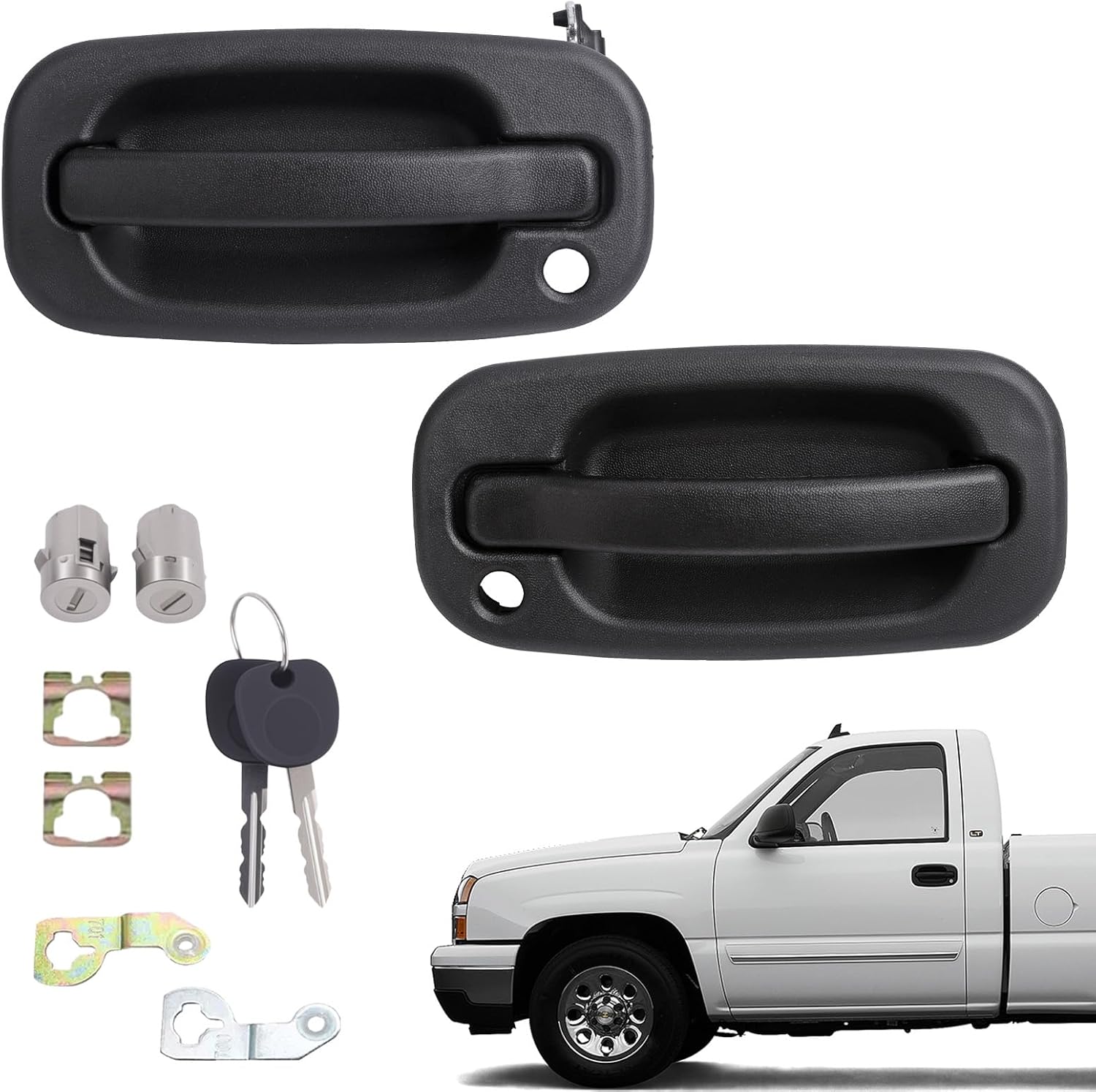 Exterior Door Handles, w/Lock Cylinders & Keys Compatible With Chevy GMC Cadillac Vehicle 1999-2007 Silverado Suburban Tahoe Avalanche, Sierra Yukon, Escalade Replaces# 15034985, 15034986 (2Pair)