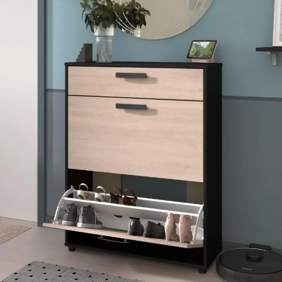 Schoenenkast Celestia met twee deuren en opberglade - eikdecor/zwart