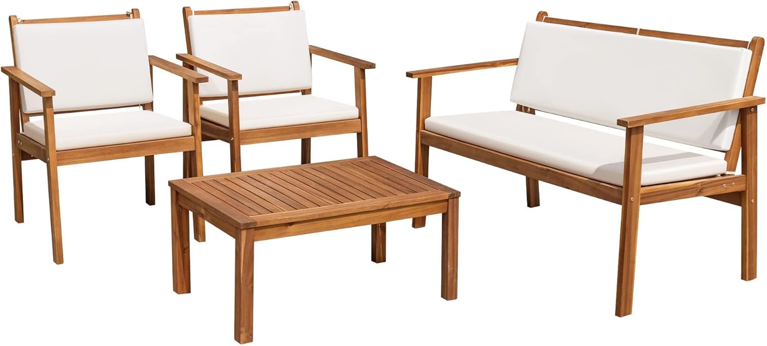 Flamaker Patio Furniture 4 Piece Outdoor Acacia Wood Patio Conversation Sofa Set with Table & Cushions Porch Furniture for Deck  Balcony  Backyard