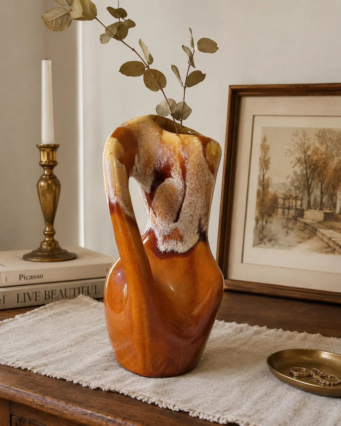 Vintage Drip Glaze Pottery Pitcher Vase, Sculptural Brown & Cream Ceramic Jug, Mid Century Art Pottery, Rustic MCM Home Decor