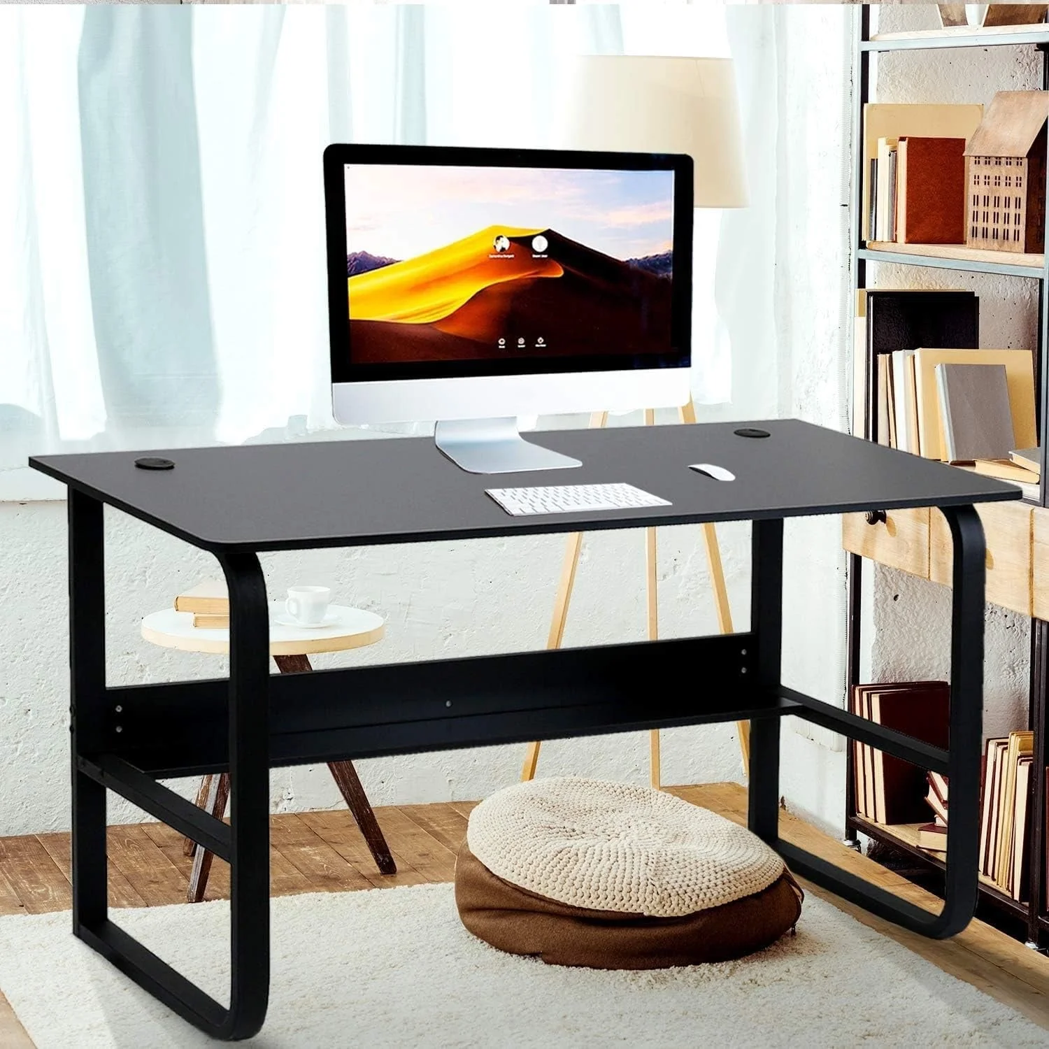 Modern Black Meatal Computer Office Desk Personal With Storage shelves