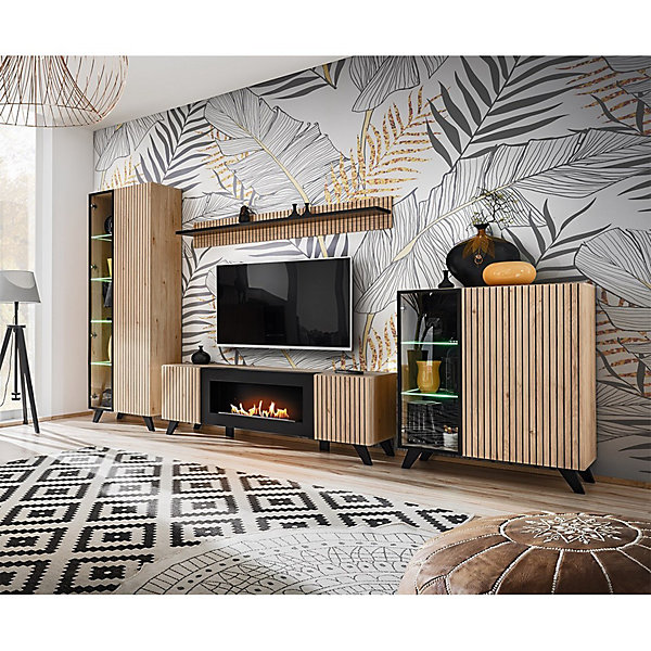 Meuble TV design avec cheminée décorative coloris chene et noir collection NIELSEN.