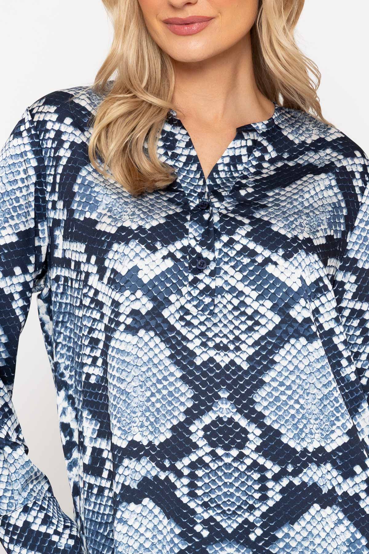 Navy Print Sateen Long Sleeve Blouse