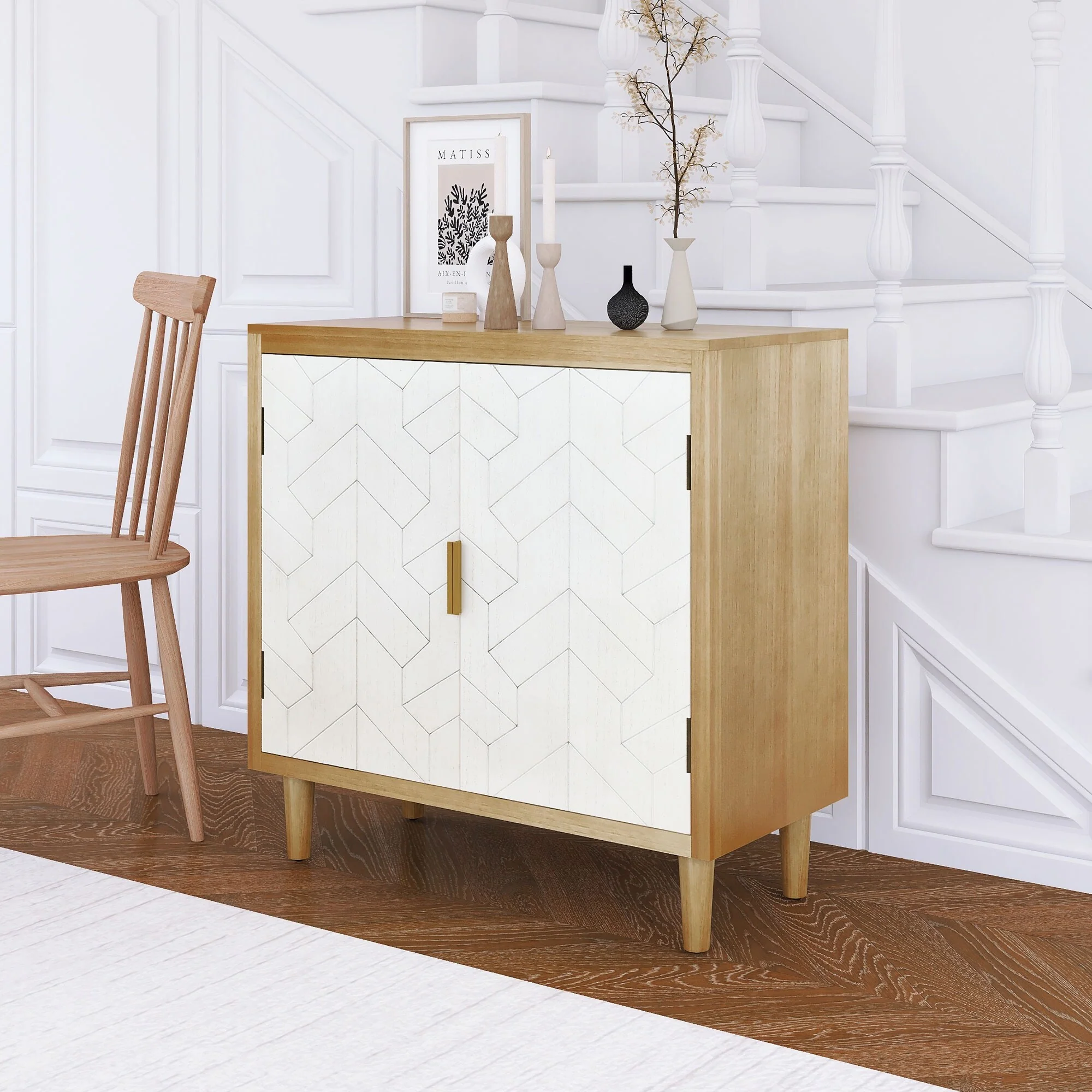Modern Hand-Carved Two-door Accent Cabinet with Storage Shelf for Living Room