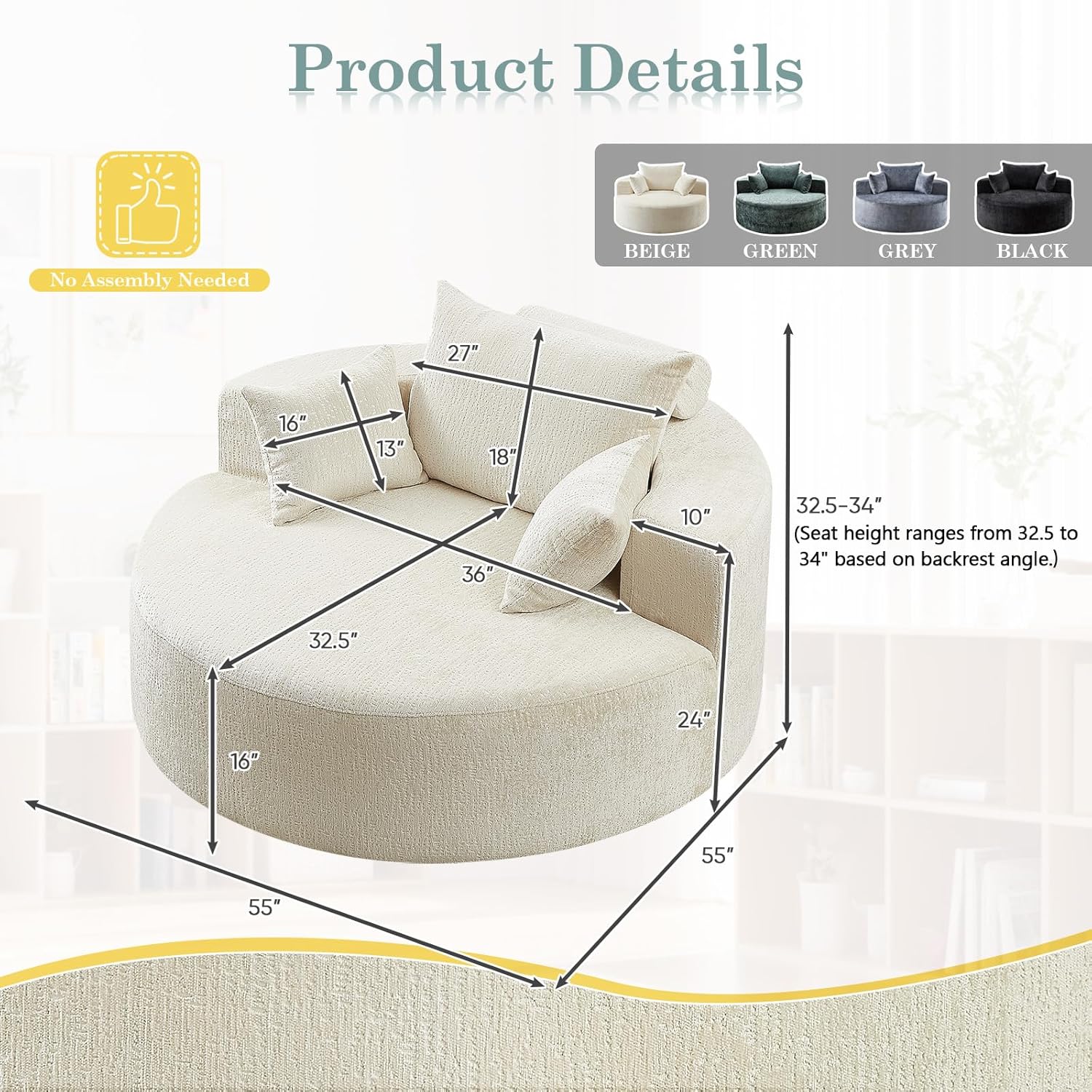 Oversized Round Chaise Longue Chair Indoor, Modern 55-inch Upholstered Chenille Deep Seat Circle Single Cloud Lounge Floor Sofa Chair for Living Room, Bedroom Apartment, Beige