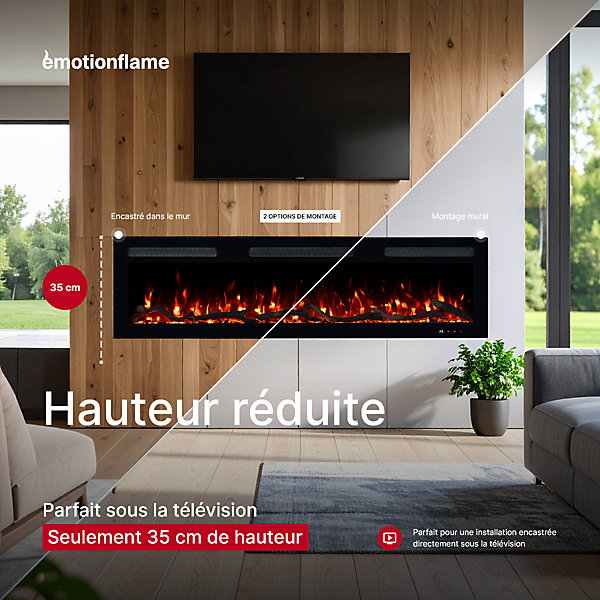 Cheminée électrique Emotion Flame Monarch 183 - murale et encastrable - 183x13x35 cm - cheminée LED avec chauffage 900/1800 W