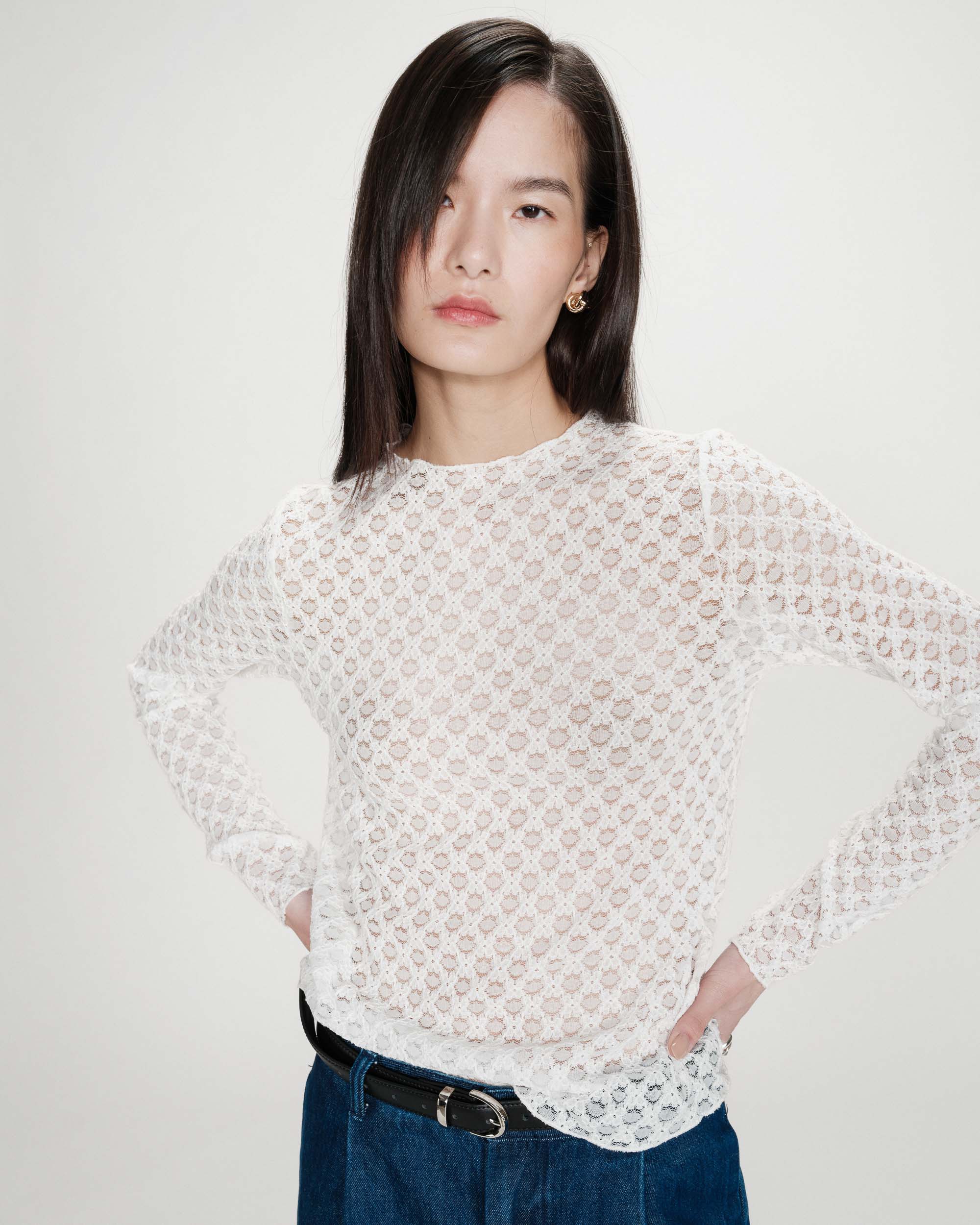 Top en dentelle transparent manches longues ivoire Valmy
