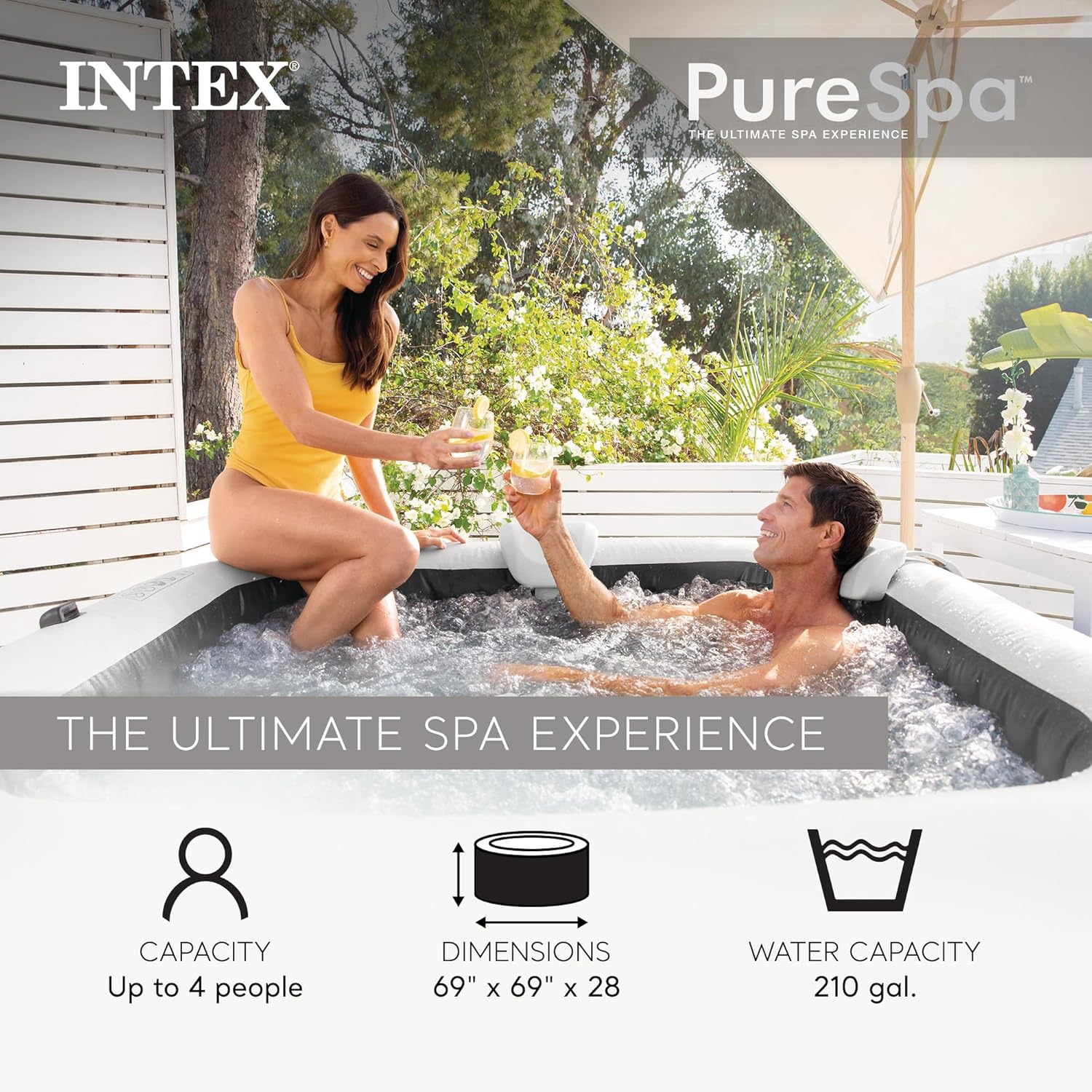 INTEX PureSpa Greystone Deluxe Inflatable Hot Tub  with with Built-in FastFill Inflation System  Spa Control App  and 4 Person Capacity  83 x 28