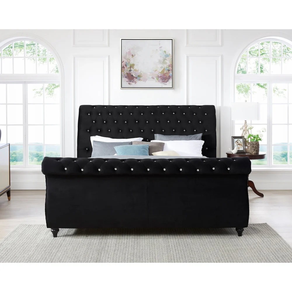 Gracewood Hollow Trivedi Black Velvet Crystal Button-tufted Sleigh Bed