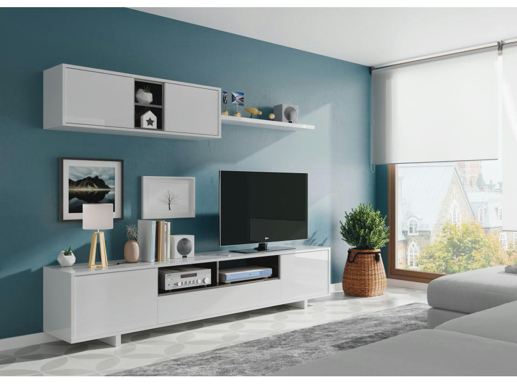 HUGO - Meuble TV blanc 3 portes et 1 niche avec étagère murale L200cm