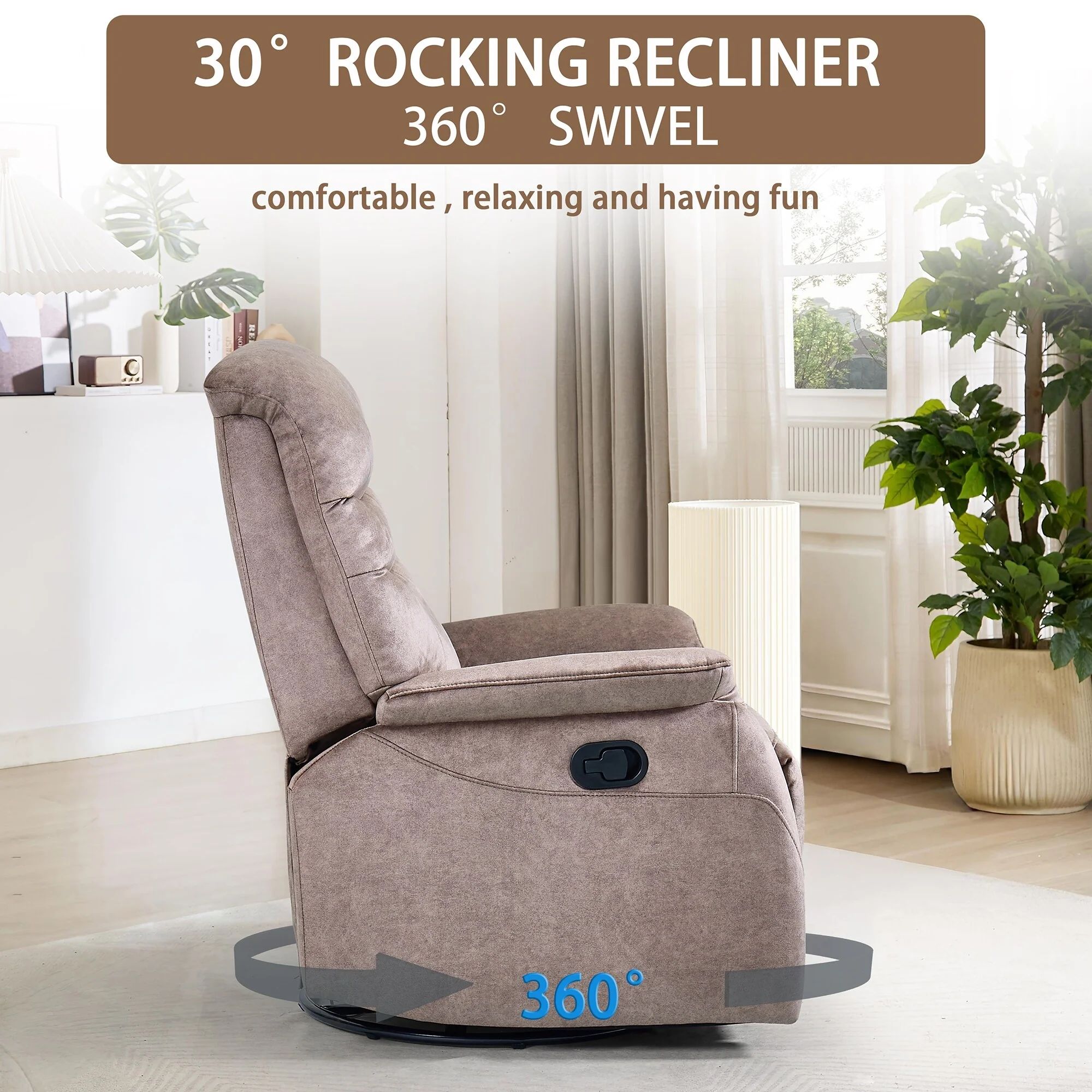 360° Rocking Swivel Recliner Chair with Adjustable Backrest, Durable Fabric, Modern Reclining Sofa with Lumbar Support