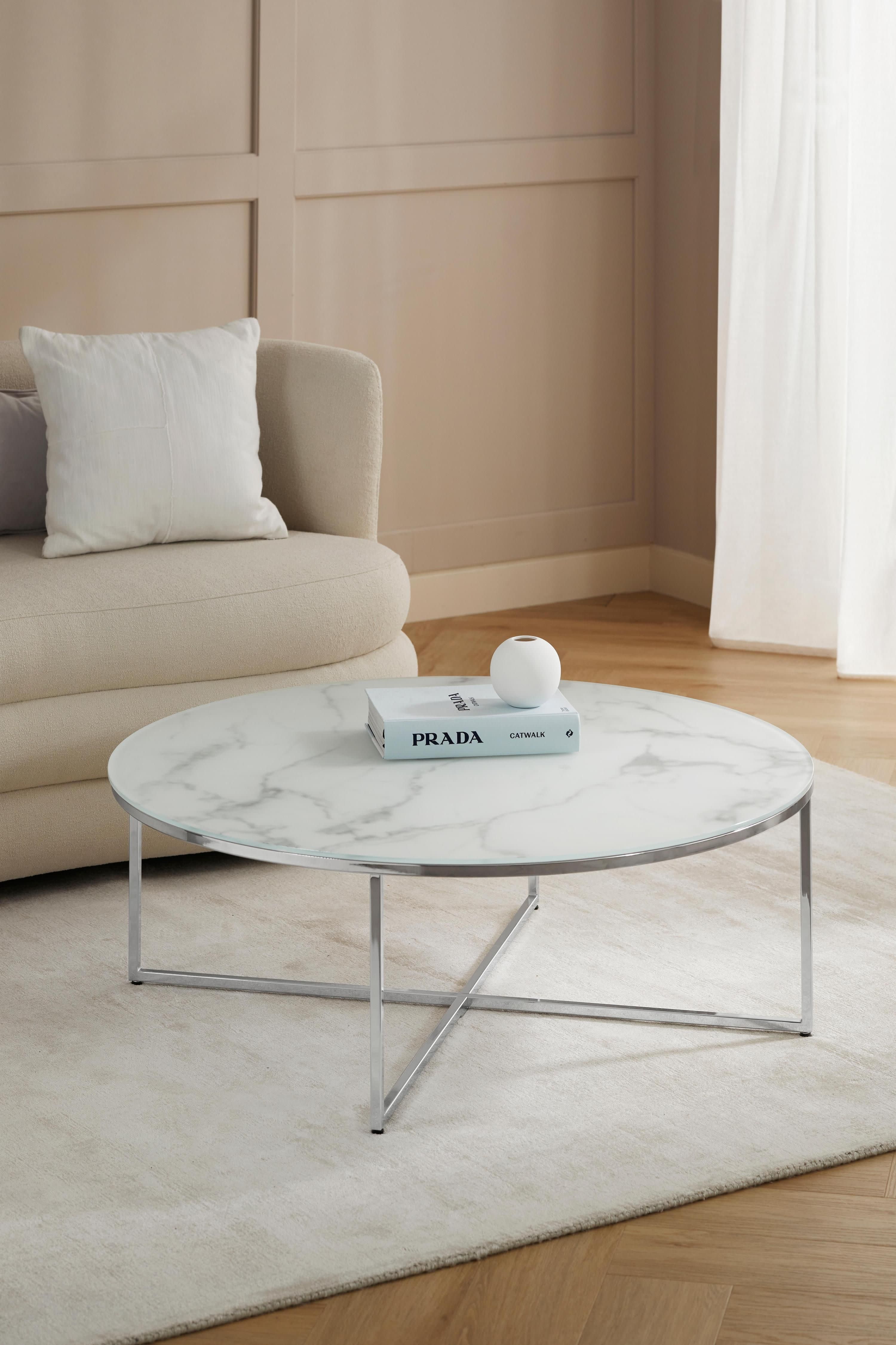 Runder XL-Couchtisch Antigua mit Glasplatte in Marmor-Optik