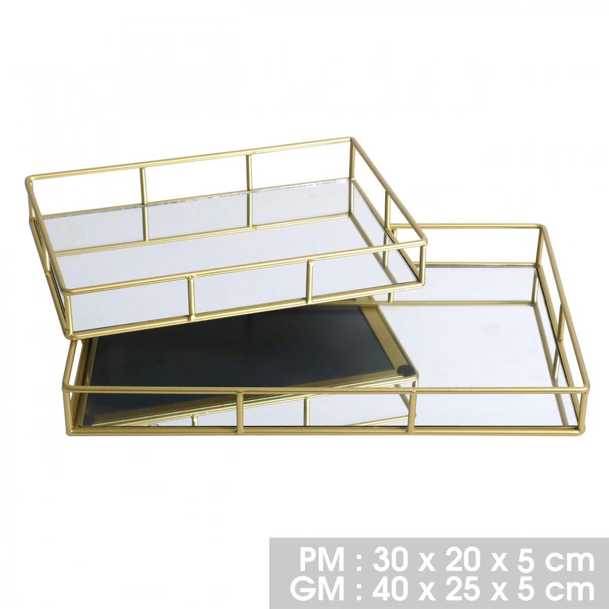 MIROIR - Set de 2 plateaux en métal doré et miroir rectangulaires 40x25x5cm
