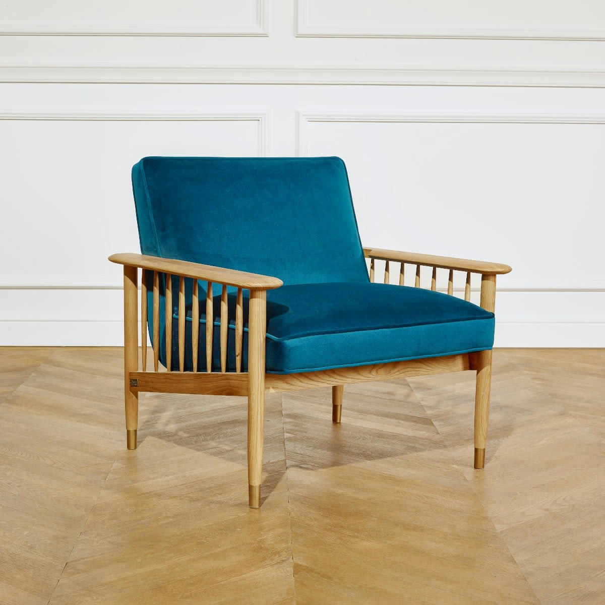 ALBERTINE - Fauteuil en chêne et velours ton turquoise
