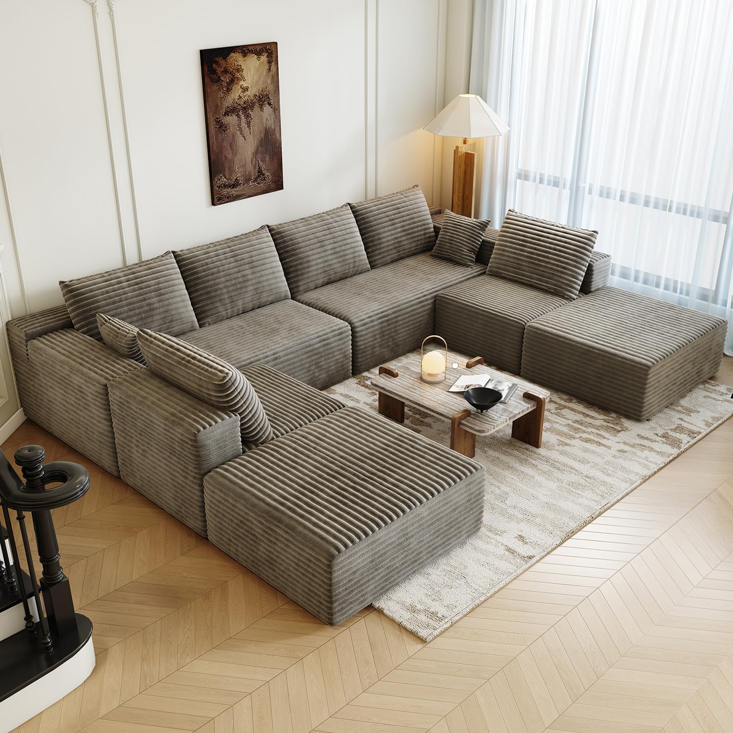 139.4 Modular Sectional Sofa Couch, Oversized U-Shaped Minimalist Couches with 2 Ottomans Chaise and 2 Middle Seats, Modern Deep Seat Cloud Plush Corduroy Sofas Set for Living Room, 8 Seater, Camel