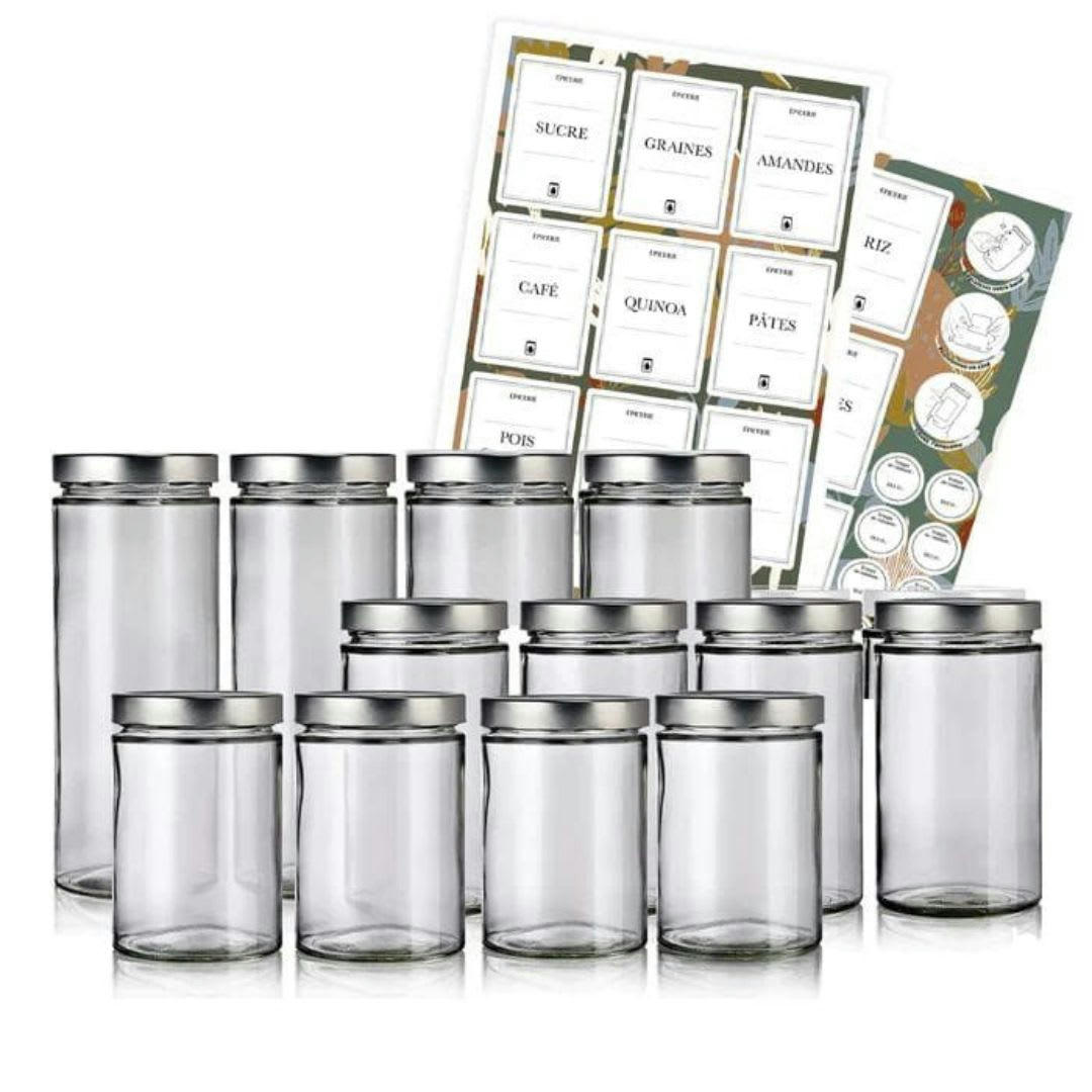 PACK EPICERIE - Pack épicerie - 12 bocaux couvercles argent + étiquettes