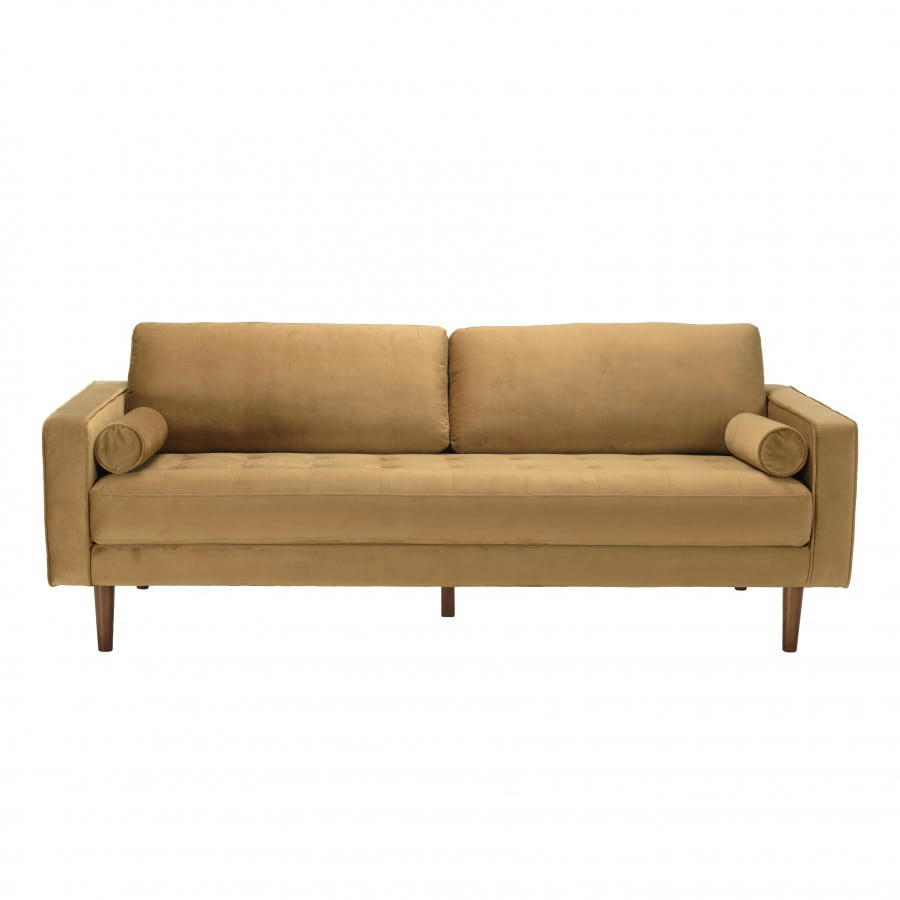 NOE - Canapé 3 places tissu velours camel pieds bois