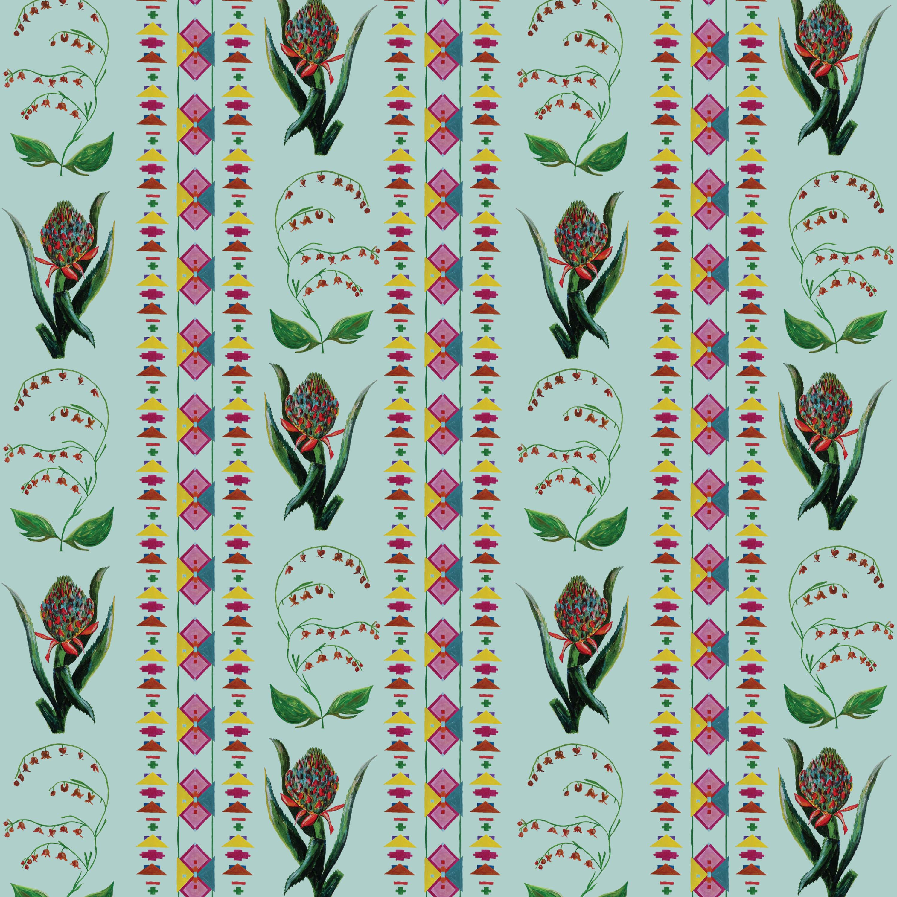 Catchii Behang Encanto Aztec Flowers pastel blue
