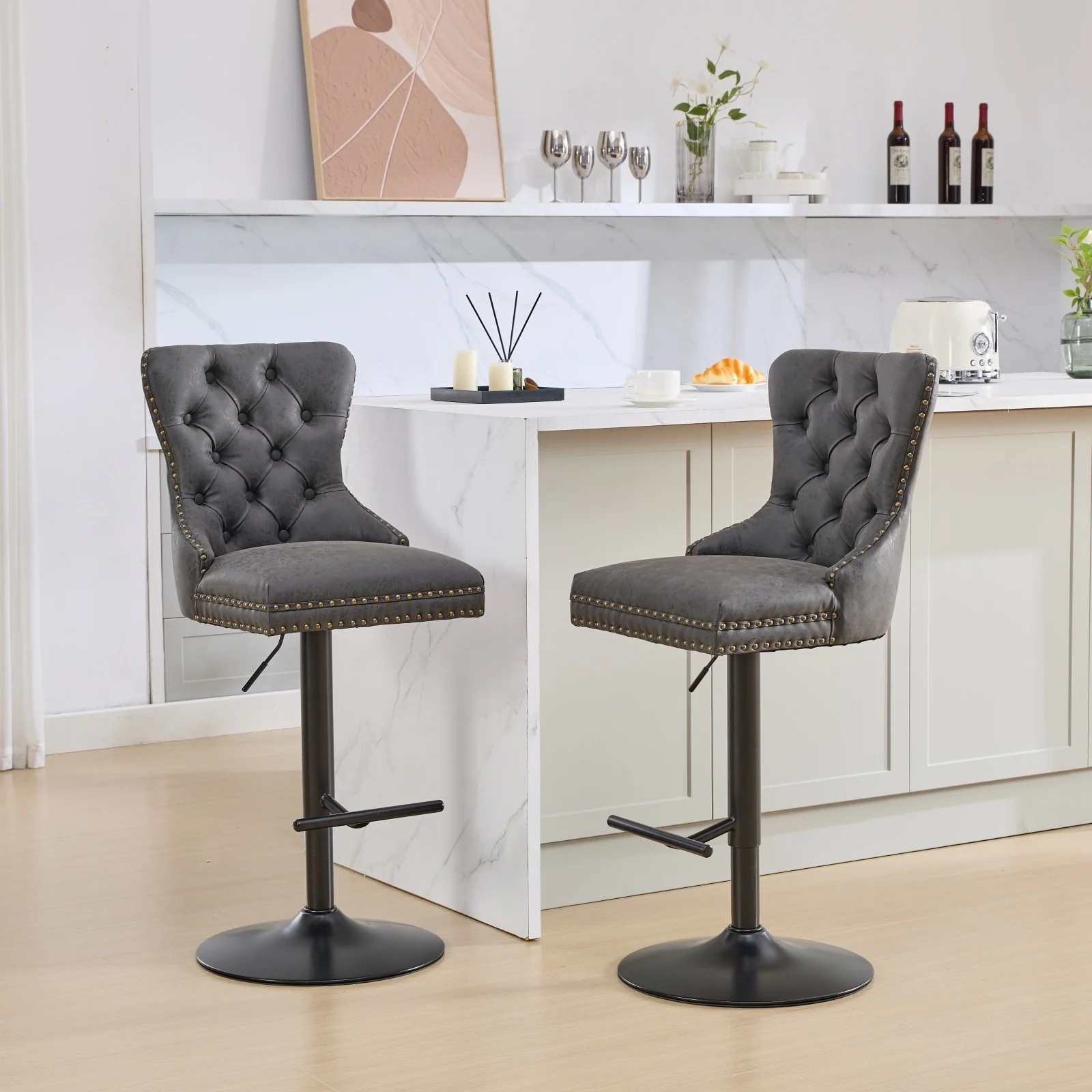 Modern Adjustable Seat Height Swivel Barstools with Tufted Back - Set of 2