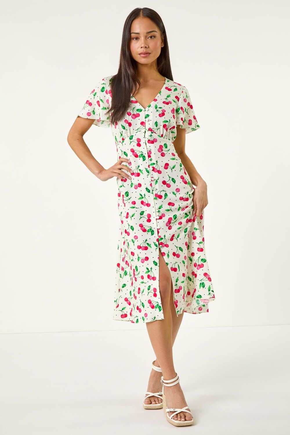 Roman Petite Cherry Print Button Midi Dress