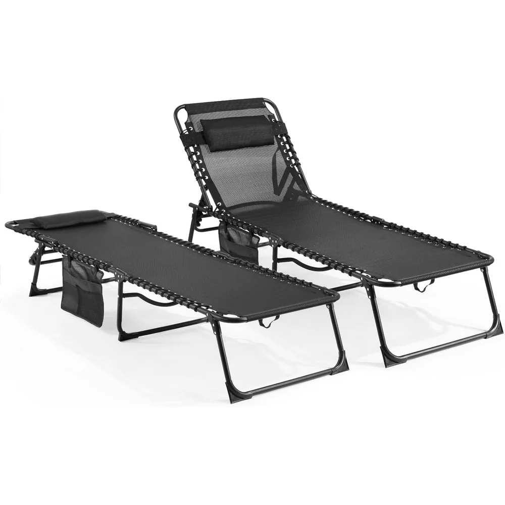 Outdoor Lounge Chairs Set of 2, Teslin Folding Tanning Chair with 5-Position Reclining Back
