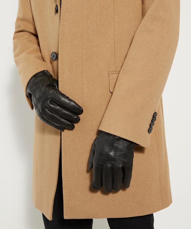 Olinee Black - Rib-Trimmed Leather Gloves