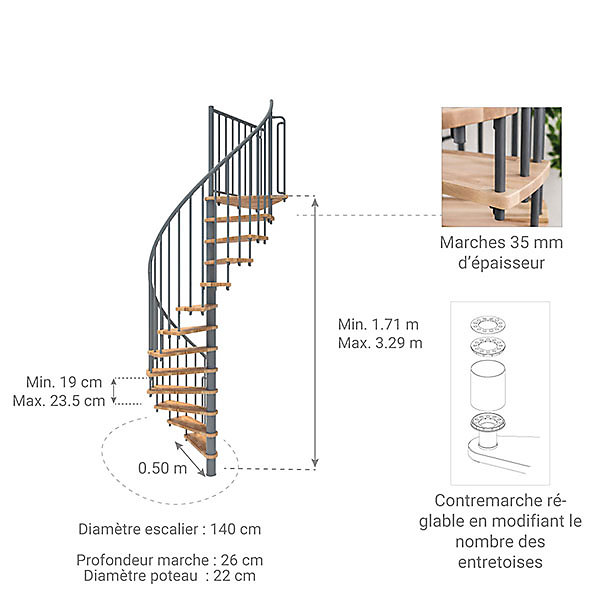 Escalier colimaçon 12 marches - Hauteur à franchir 2.28 à 2.82m - Diamètre 140cm - Structure grise et marche hêtre - BERL140-GH-12
