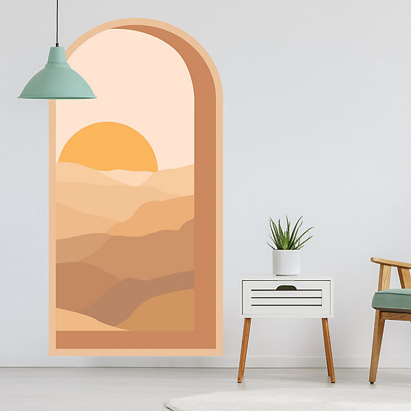 Grand papier peint panoramique découpé, trompe l'oeil graphique arche avec vue sur le désert, intissé colle activable à l'eau, 154