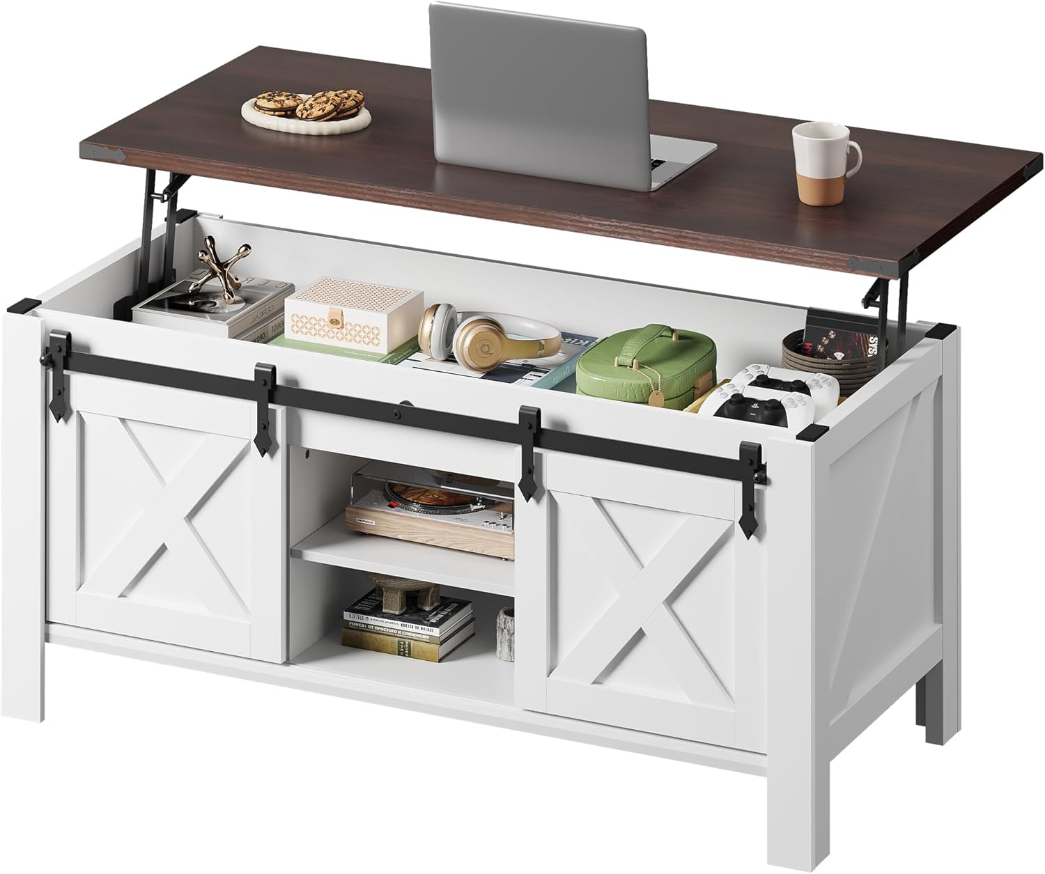 WLIVE 47.3 Farmhouse Lift Top Coffee Table with Sliding Barn Doors, Large Hidden Storage Compartment and Adjustable Shelf for Living Room,Office, White