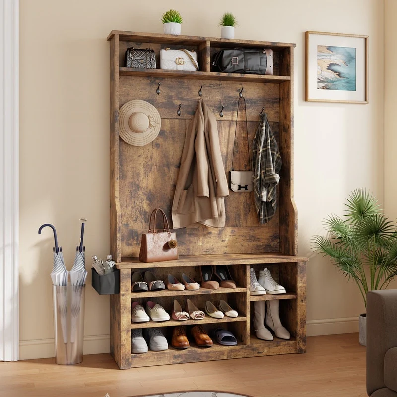 39.37'' W Hall Tree, 3 in 1 Entryway Bench with Coat Rack and Shoe Storage