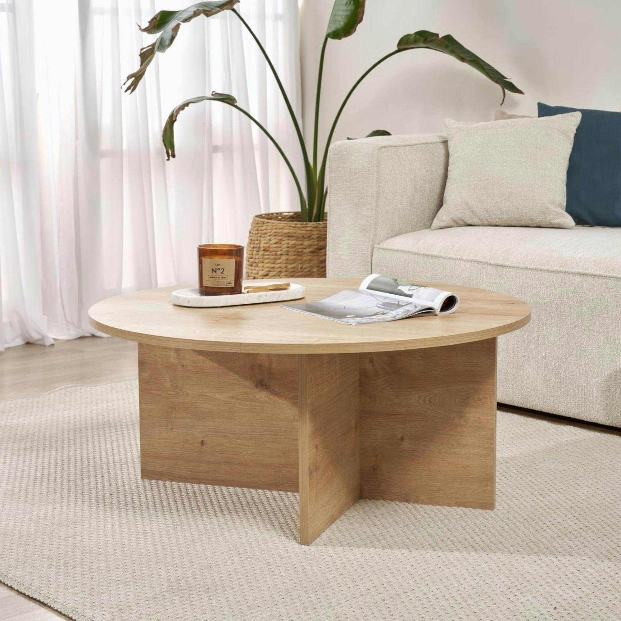 Table basse ronde minimaliste - effet bois de chêne MARFA
