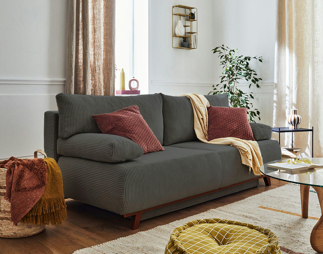 CRISTAL - Canapé droit convertible 3 places en velours côtelé gris foncé
