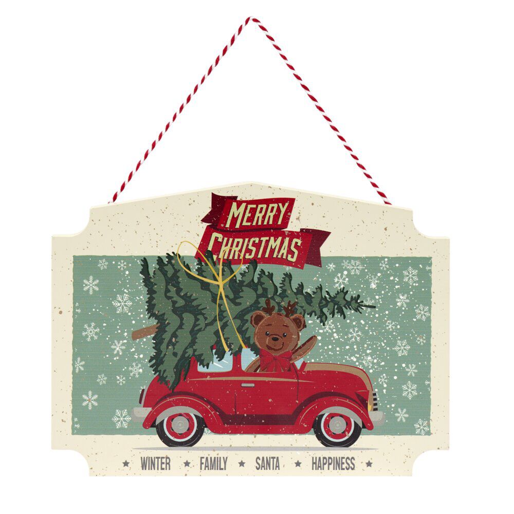 Pancarte de No&euml;l ourson vintage en bois 18x25cm